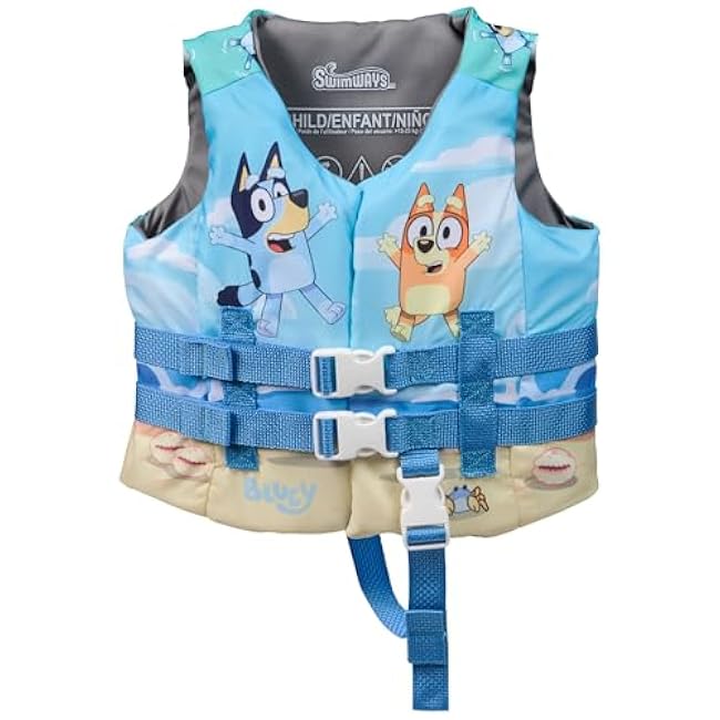 SwimWays Bluey Life Jacket, US Coast Guard Approved Kids Swim Vest, 33-55 lbs, Bluey