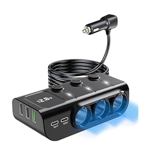 8 in 1 Cigarette Lighter Splitter, LIHAN 3 Socket Car Charger Adapter,Type-C QC3.0 PD36W Dual USB Charging Ports,Car 12V/24V Plug Outlet with Independent Switches,LED Voltmeter(3.3FT Cable)