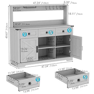 Farmhouse Bar Cabinet with Hutch Kitchen Buffet Cabinet with Storage Cabinet 3 Sliding Drawers Adjustable Shelf Goblet Holder Cup Hooks for Living Room Dining Room Use Grey