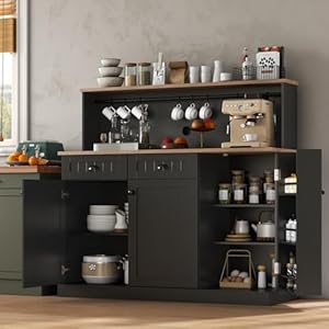 Sideboard Buffet Cabinet with 2 Drawers, Farmhouse Kitchen Pantry with Adjustable Shelves, Coffee Bar Cupboard Cabinet with 3 Doors for Kitchen, Dining Room (Black) Sideboard Buffet Cabinet with 2 Drawers Farmhouse Kitchen Pantry with Adjustable Shelves Coffee Bar Cupboard Cabinet with 3 Doors for Kitchen Dining Room Black
