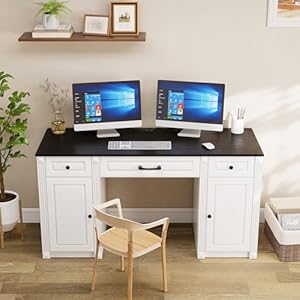 PAKASEPT 58" Executive Desk with Storage Drawers, Farmhouse Office Desk with Charging Station Wood Computer Desk with Ample Storage Cabinet, Rustic Home Wrting Desk with Drawers for Office, White PAKASEPT 58 Executive Desk with Storage Drawers Farmhouse Office Desk with Charging Station Wood Computer Desk with Ample Storage Cabinet Rustic Home Wrting Desk with Drawers for Office White