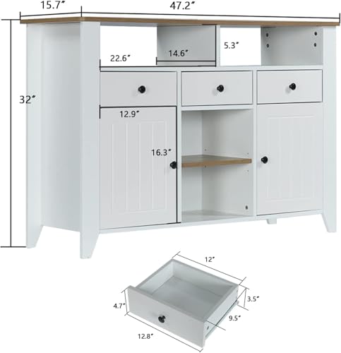 4ever2buy-Farmhouse-Coffee-Bar-Cabinet-with-Storage-47-Inch-Coffee-Bar-with-3-Drawers-2-Doors-White-Buffet-Cabinet-with-Open-Shelf-Kitchen-Coffee-Bar-Cabinet-for-Living-Dining-Room 4ever2buy Farmhouse Coffee Bar Cabinet with Storage 47 Inch Coffee Bar with 3 Drawers 2 Doors White Buffet Cabinet with Open Shelf Kitchen Coffee Bar Cabinet for Living Dining Room