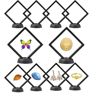3D Floating Display Case, 10Pcs Challenge Coin Display Transparent PE Film with Stand, Jewelry Storage Box Frame for Coin Medal Seashell Small Shadow Earring Necklace Ring Bracelet Gems Rocks Pins