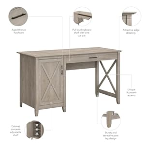 Bush Furniture Key West Computer Desk with Storage | Farmhouse PC Table for Home Office in Washed Gray | 54W x 24D Bush Furniture Key West Computer Desk with Storage Farmhouse PC Table for Home Office in Washed Gray 54W x 24D