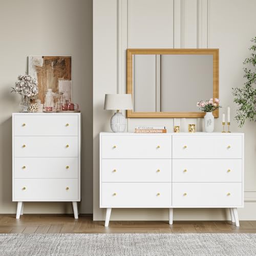2 PCS Dresser Set for Bedroom Wooden Dresser Set Include One Modern Dresser with 6 Drawers One Kids Dresser with 4 Drawers White