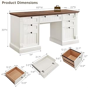 OKD 60" Executive Desk with Drawers, Farmhouse Home Office Desk with Charging Station, Keyboard Tray, File Cabinet Storage, Wood Computer Desk for Work and Study, Antique White OKD 60 Executive Desk with Drawers Farmhouse Home Office Desk with Charging Station Keyboard Tray File Cabinet Storage Wood Computer Desk for Work and Study Antique White