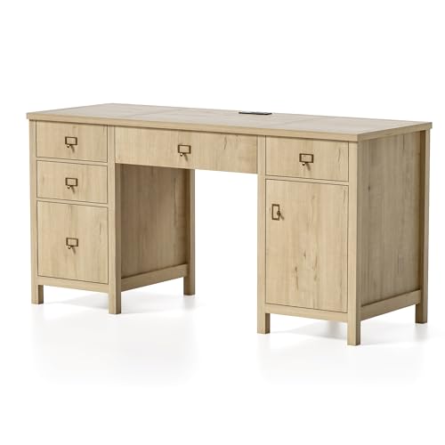 59 Executive Desk with File Drawer Farmhouse Computer Desk with Charging Station and Storage Cabinet Wood Home Office Desk for Writing Study Light Oak