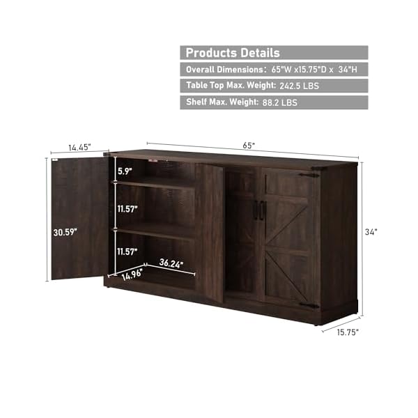 Sideboard buffet cabinet with storage 65 inch farmhouse kitchen pantries sideboard cabinet with adjustable shelves wooden coffee bar cabinet buffet table for kitchen dining room brown  urban country home decor