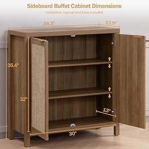 SICOTAS Sideboard Buffet Coffee Bar Cabinet Boho Rattan Larger Credenza with Storage 3 Pieces Farmhouse Kitchen Storage Cabinets Buffet Cabinet for Entryway Living Room Oak
