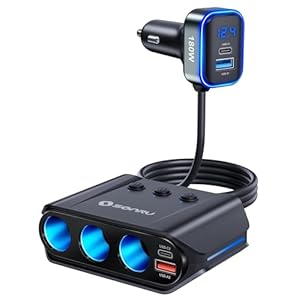 7 in 1 Cigarette Lighter Splitter, SONRU 180W (max 192W) 3-Socket Car Cigarette Lighter Adapter with Dual PD 36W/QC3.0 Fast Charging (3.7FT Cable) 12V/24V Independent Switches & LED Voltage Display