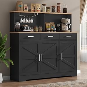 Buffet Cabinets with 3 Drawers Farmhouse Sideboard Storage Cabinet with Goblet Holder Large Coffee Bar with 3 Doors Wood Buffet Table with Adjustable Shelf for Kitchen Dining Room