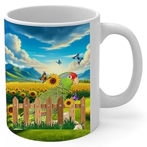 Lovesout Farmhouse Fence Themed Design with Red Headed Amazon Parrot Coffee Mug White Ceramic Tea Cup 11oz Pet Owner Gifts