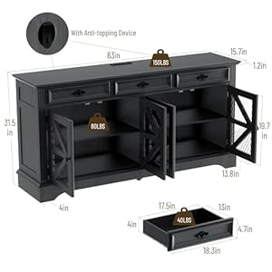 63 Large Buffet Storage Cabinet Farmhouse Kitchen Sideboard Buffet with USB Charging Station Coffee Bar Wine Bar Cabinet with Storage for Living Room Black