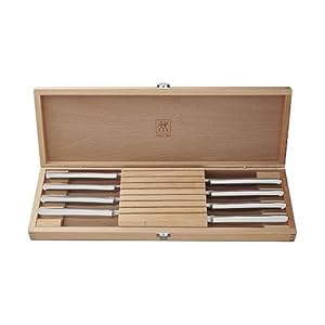 Zwilling 8 piece stainless steel steak knife set in wood gift box  urban country home decor