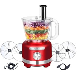 Homtone food processor 16 cup vegetable chopper electric food processors for shredding slicing doughing and chopping 6 blades 8 functions for home use 2 speed pulse speed 600w red  urban country home decor