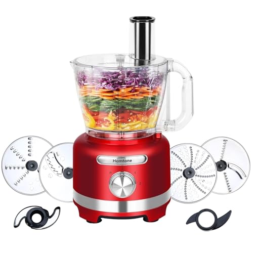 Homtone Food Processor 16 Cup Vegetable Chopper Electric Food Processors for Shredding Slicing Doughing and Chopping 6 Blades 8 Functions for Home Use 2 Speed Pulse Speed 600W Red