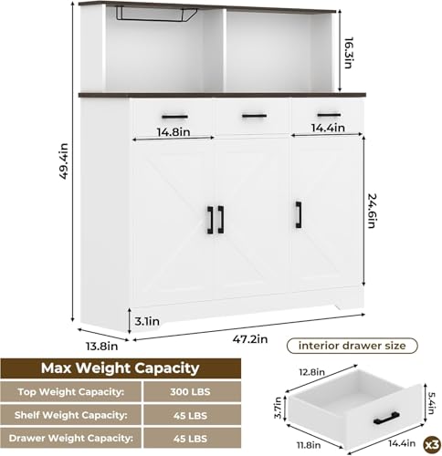 Farmhouse-Sideboard-Buffet-Cabinet-with-Microwave-Stand-Barn-Doors-Buffet-Storage-Cabinet-with-Drawers-and-Shelves-Wood-Coffee-Bar-Pantry-for-Kitchen-Dining-Room-Living-Room-White Farmhouse Sideboard Buffet Cabinet with Microwave Stand Barn Doors Buffet Storage Cabinet with Drawers and Shelves Wood Coffee Bar Pantry for Kitchen Dining Room Living Room White