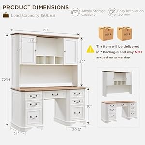 T4TREAM 59 Farmhouse Executive Desk with HutchWood Home Office Computer Desk Featuring Keyboard TrayCharging StationFile Drawer Storage Cabinetfor Work and Study Antique White