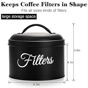 Suwimut Coffee Filter Holder Black Basket Coffee Filter Holder Storage Container with Lid Round Metal Coffee Filter Dispenser for Counter Rustic Farmhouse Coffee Bar Accessories Decor