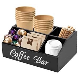 Wood Coffee Station Organizer 5 Compartments Coffee Bar Accessories Farmhouse Style Organizer Coffee Bar Organizer Vintage Coffee Storage Station Coffee Pods Holder for Countertop Coffee Bar Black