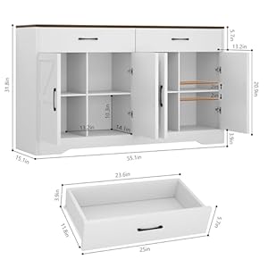 55 Sideboard Buffet Cabinet with Storage Large Kitchen Storage Sideboard with Drawers Doors Modern Wood Farmhouse Coffee Bar Cabinet Buffet Table for Kitchen Dining Room Living Room White