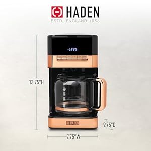HADEN Quintessential 12 Cup Brew Coffee Maker 120 Min Keep Warm Delay Brew Adjustable Strength Programmable Clock 30s Anti Drip BlackCopper