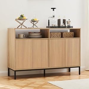 Farmhouse Buffet Sideboard Cabinet with Storage Fluted Natural Coffee Bar Station Table with Doors and Adjustable Shelves Modern Wood Cupboard for Kitchen Livingroom Entryway