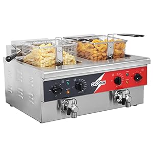 CROSSON 12L Dual Tank Countertop Electric Deep Fryer with Drain,Solid Basket and Lid for Restaurant and Home Use 120V,3600W Stainless Steel Commercial Deep Fryer (EF-6V-2)