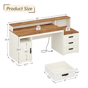 TVU Farmhouse Computer Desk with Drawers, 65'' Home Office Desk with Power Outlets, Storage Cabinet and Printer Stand, Study Writing Desks with Long Monitor Stand, White TVU Farmhouse Computer Desk with Drawers 65 Home Office Desk with Power Outlets Storage Cabinet and Printer Stand Study Writing Desks with Long Monitor Stand White