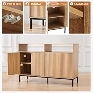 Farmhouse Buffet Sideboard Cabinet with Storage Fluted Natural Coffee Bar Station Table with Doors and Adjustable Shelves Modern Wood Cupboard for Kitchen Livingroom Entryway