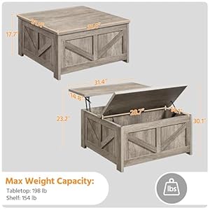 Yaheetech Lift Top Coffee Table Square Farmhouse Coffee Table with Hidden Storage Compartment Wood Center Table for Living Room Home Office Gray
