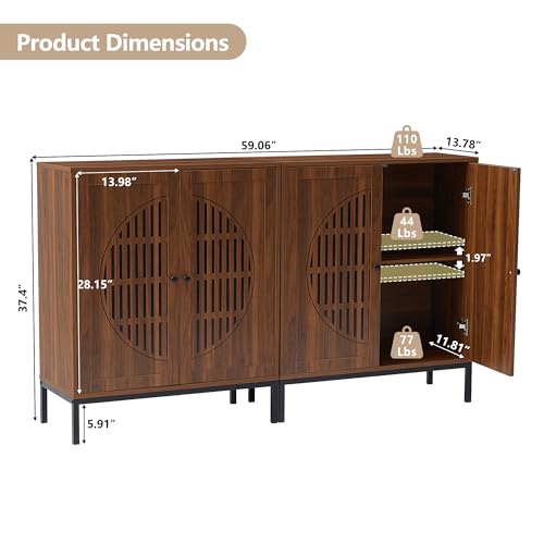 59-Sideboard-Buffet-Cabinet-with-Storage-Set-of-2-Farmhouse-Accent-Storage-Cabinet-with-Metal-Base-and-Adjustable-Shelves-Console-Table-for-KitchenDining-RoomLiving-Room-Walnut 59 Sideboard Buffet Cabinet with Storage Set of 2 Farmhouse Accent Storage Cabinet with Metal Base and Adjustable Shelves Console Table for KitchenDining RoomLiving Room Walnut