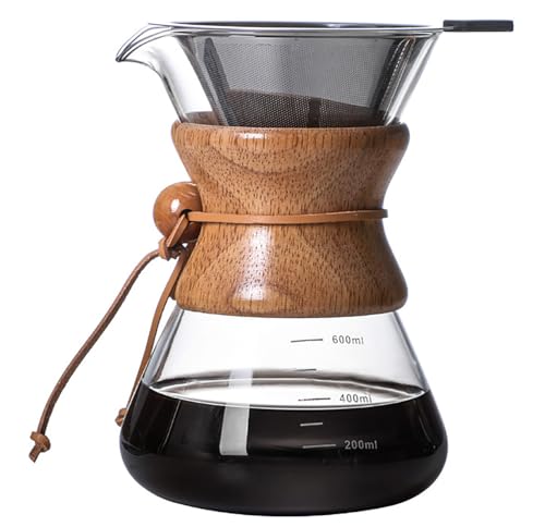 Pour-Over-Coffee-Maker-with-Reusable-Stainless-Steel-Drip-Filter-Lead-Free-Borosilicate-Glass-Coffee-Carafe-with-Modern-Wooden-Collar-for-1-4Cup-Circular-Clear-600ml20oz Pour Over Coffee Maker with Reusable Stainless Steel Drip Filter Lead Free Borosilicate Glass Coffee Carafe with Modern Wooden Collar for 1 4Cup Circular Clear 600ml20oz