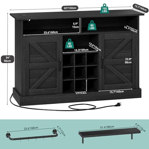 YITAHOME-Buffet-Cabinet-52-Farmhouse-Coffee-Bar-with-Power-Outlet-Floating-Shelves-Multi-Functional-Storage-Sideboard-Cabinet-for-Kitchen-and-Living-Room-Black-Oak YITAHOME Buffet Cabinet 52 Farmhouse Coffee Bar with Power Outlet Floating Shelves Multi Functional Storage Sideboard Cabinet for Kitchen and Living Room Black Oak