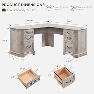 T4TREAM 59" L Shaped Executive Desk with Drawers,Farmhouse Wood Computer Desk, Featuring Charging Station,File Drawer, Storage Cabinet,for Home Office Work and Study (Light Rustic Oak) T4TREAM 59 L Shaped Executive Desk with DrawersFarmhouse Wood Computer Desk Featuring Charging StationFile Drawer Storage Cabinetfor Home Office Work and Study Light Rustic Oak