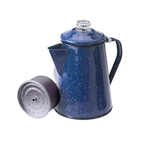 GSI Outdoors Percolator Coffee Pot Enamelware Campfire Coffee Boiler Kettle for Outdoor Camping Cookware Cabin RV Kitchen Hunting Backpacking Blue Speckled 8 cups