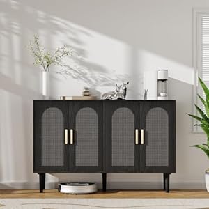 Sideboard Cabinet with Rattan Doors, Kitchen Buffet Cabinet with Storage, Modern Farmhouse Large Accent Cabinet Credenza for Entryway Dining Room, Black Sideboard Cabinet with Rattan Doors Kitchen Buffet Cabinet with Storage Modern Farmhouse Large Accent Cabinet Credenza for Entryway Dining Room Black