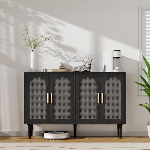 Sideboard-Cabinet-with-Rattan-Doors-Kitchen-Buffet-Cabinet-with-Storage-Modern-Farmhouse-Large-Accent-Cabinet-Credenza-for-Entryway-Dining-Room-Black Sideboard Cabinet with Rattan Doors Kitchen Buffet Cabinet with Storage Modern Farmhouse Large Accent Cabinet Credenza for Entryway Dining Room Black
