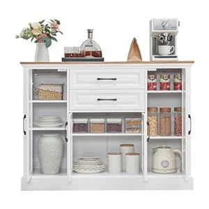 48 White Buffet Sideboard Credenza Cabinet with Storage Drawers and Doors Kitchen Coffee Bar Console Sideboard with Adjustable Shelves Modern Farmhouse Accent Cabinet for KitchenLiving Room