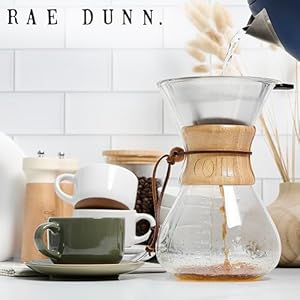 Rae Dunn Glass Pour Over Coffee Maker 34oz Carafe with Reusable Stainless Steel Filter and Elegant Bamboo Finish Great for Brewing Coffee