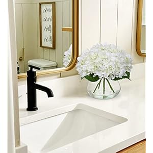 Hollyone Hydrangea Artificial Flowers with Vase White Silk Fake Flowers Arrangements in Glass Vase with Faux Water for Home Bathroom Office Table Centerpiece Shelf Decorations Hollyone Hydrangea Artificial Flowers with Vase White Silk Fake Flowers Arrangements in Glass Vase with Faux Water for Home Bathroom Office Table Centerpiece Shelf Decorations