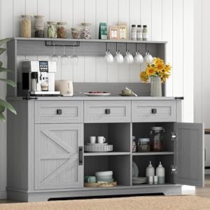 Farmhouse Bar Cabinet with Hutch Kitchen Buffet Cabinet with Storage Cabinet 3 Sliding Drawers Adjustable Shelf Goblet Holder Cup Hooks for Living Room Dining Room Use Grey