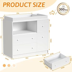 Baby Changing Dresser with Large Tabletop 3 Drawers Open Storage Space and Open Storage Shelf–Ideal Changing Table for Nurseries and Baby Rooms