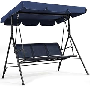 Yaheetech Outdoor Porch Swing Chair for Adults, 3-Seat Patio Sunset Hanging Swing w/Texteline Fabric & Adjustable Canopy & Armrests, Canopy Lounge Chair for Backyard/Garden/Balcony, Blue