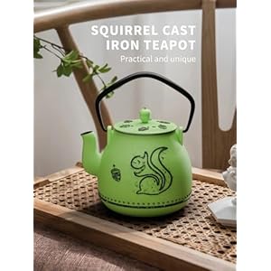 Toptier Teapot with Removable Infuser Cast Iron Tea Kettle Stovetop Safe Squirrel Design Tea Pot Coated with Enameled Interior for 32 Ounce 950 ml Bright Green