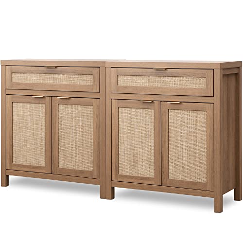 SICOTAS-Sideboard-Buffet-Cabinet-Set-of-2-Rattan-Credenza-Storage-Cabinet-Boho-Buffet-Table-Console-with-Drawer-Farmhouse-Coffee-Bar-Cabinet-for-Entryway-Living-Dining-Room-Natural-Oak SICOTAS Sideboard Buffet Cabinet Set of 2 Rattan Credenza Storage Cabinet Boho Buffet Table Console with Drawer Farmhouse Coffee Bar Cabinet for Entryway Living Dining Room Natural Oak