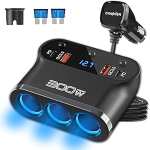 7 in 1 Cigarette Lighter Adapter: Ouffun 300W 3 Socket Car Charger Extensions 12V Splitter with Dual PD USB C 30W and QC3.0 18W 12V USB Outlet Ports, 12 Volt Car Plug with LED Voltage Separate Switch