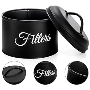 Suwimut Coffee Filter Holder Black Basket Coffee Filter Holder Storage Container with Lid Round Metal Coffee Filter Dispenser for Counter Rustic Farmhouse Coffee Bar Accessories Decor