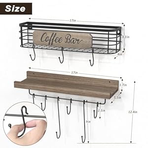   Coffee-Mug-Holder-Organizer-2-Pack-with-12-Mug-Hooks-Mug-Rack-Wall-Mounted-with-Coffee-Bar-Sign-Farmhouse-Coffee-Accessories-and-Organizer-with-Metal-Basket-Floating-Shelves-for-Wall-Weathered-Walnut