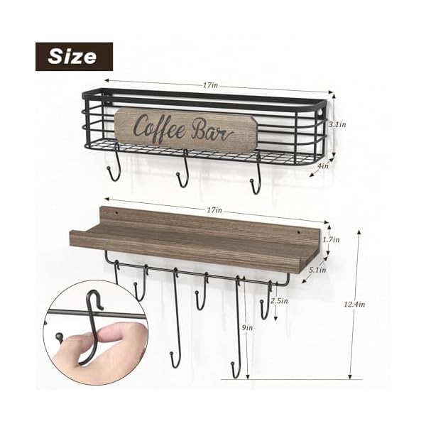   Coffee-Mug-Holder-Organizer-2-Pack-with-12-Mug-Hooks-Mug-Rack-Wall-Mounted-with-Coffee-Bar-Sign-Farmhouse-Coffee-Accessories-and-Organizer-with-Metal-Basket-Floating-Shelves-for-Wall-Weathered-Walnut